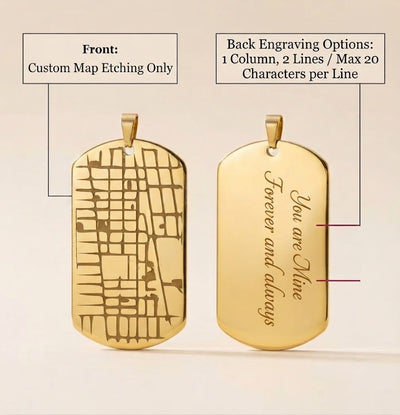 Detailed close up of high precision laser engraved map lines on front of dog tag.