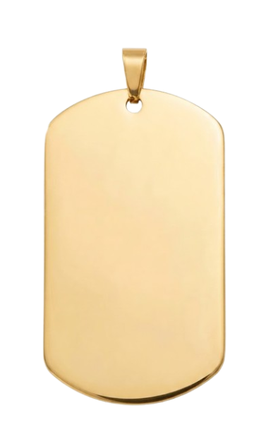 A blank, highly polished gold dog tag pendant ready for custom engraving, shown on a white background.