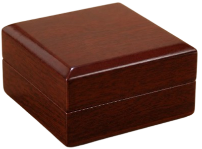 A closed, premium polished dark wood presentation gift box used for packaging custom jewelry.
