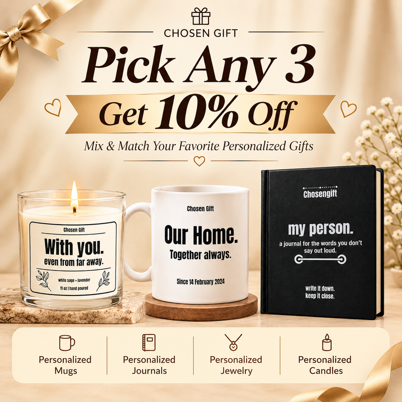 Pick any 3 personalized gifts and get 10% off including mugs, journals, jewelry, and candles
