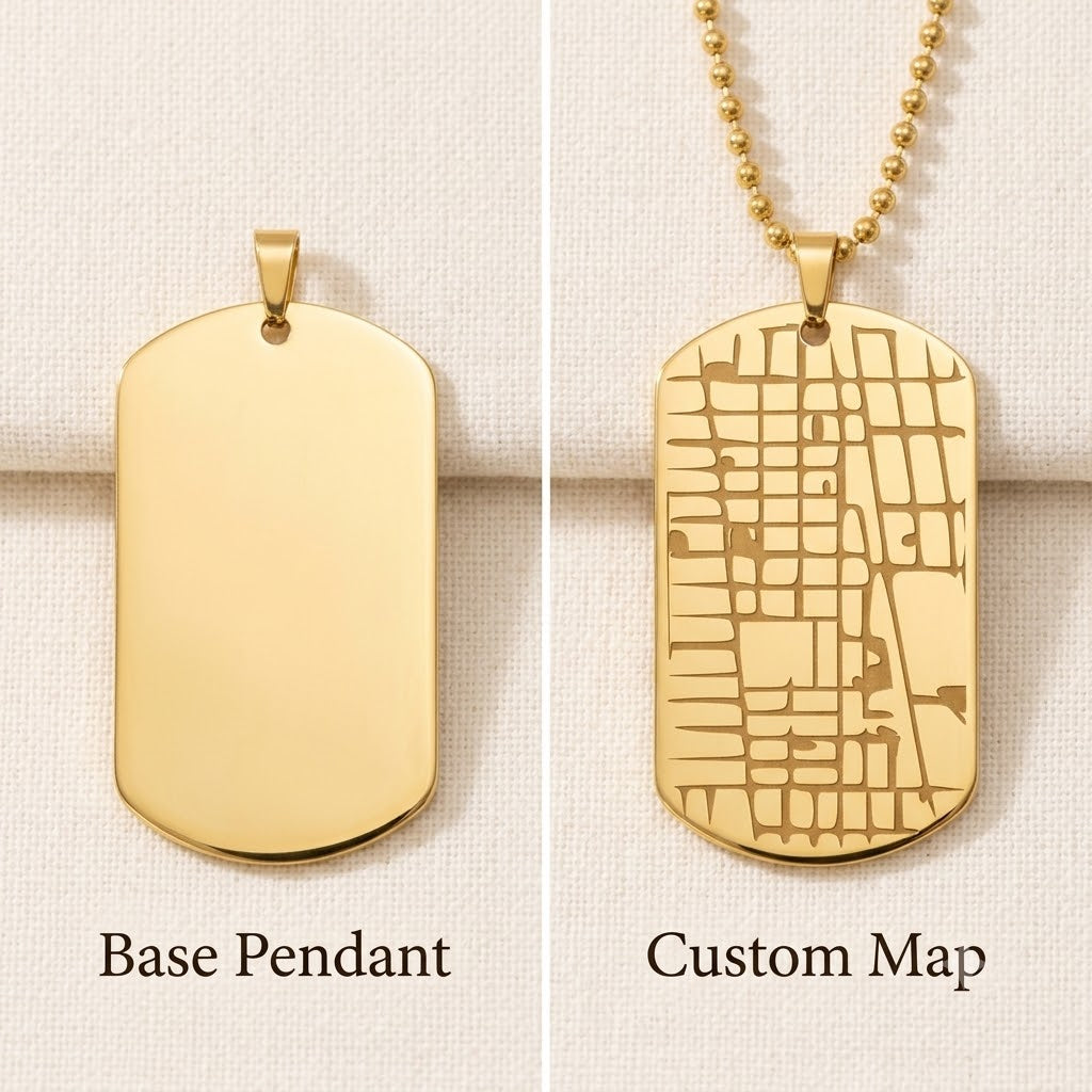 18K yellow gold finish custom location map dog tag pendant with 24 inch ball chain.