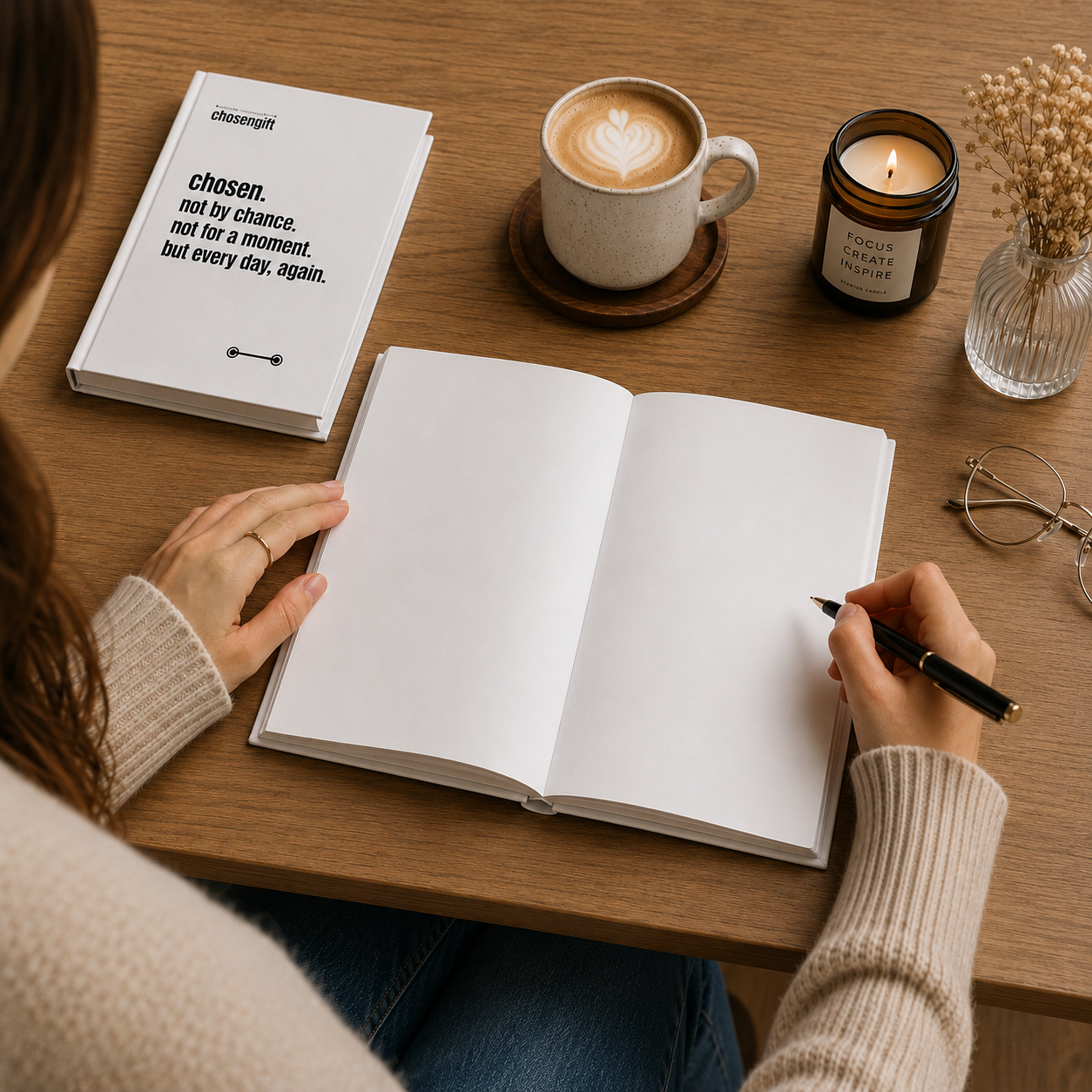 Person writing in a blank personalized hardcover journal at a wooden desk