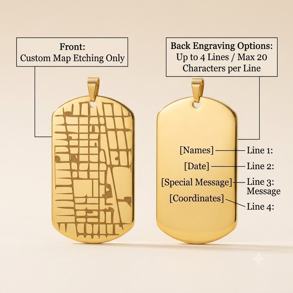 Detailed close up of high precision laser engraved map lines on front of dog tag.