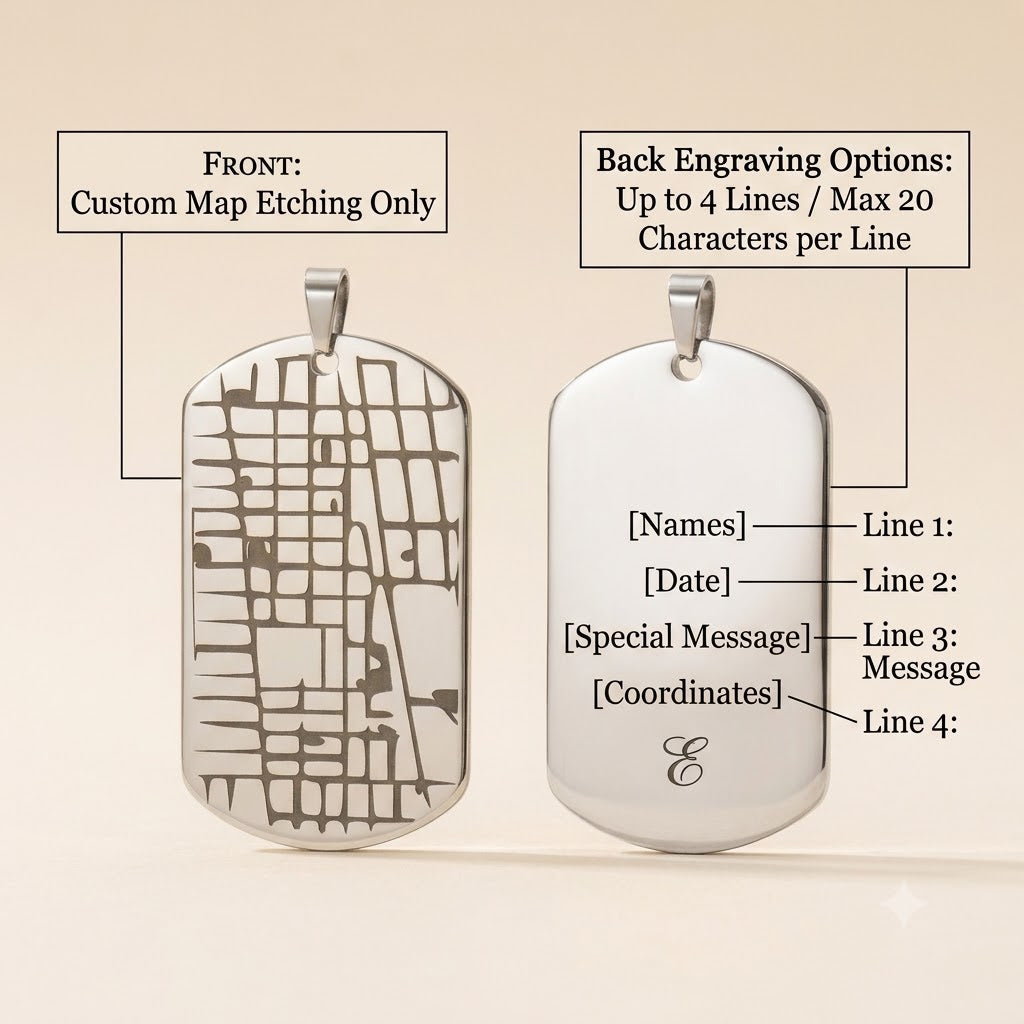 Examples of custom text names dates and coordinates engraved on back of dog tag.