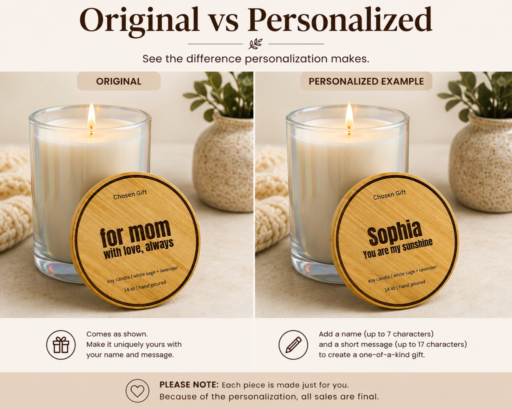 Original and personalized engraved bamboo candle lid with custom name and message