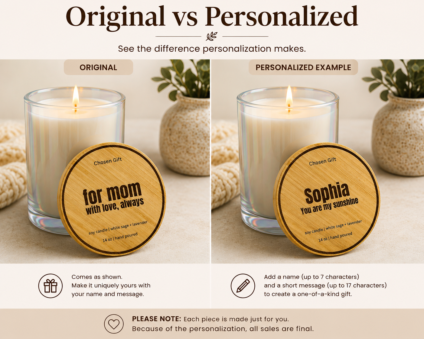 Original and personalized engraved bamboo candle lid with custom name and message