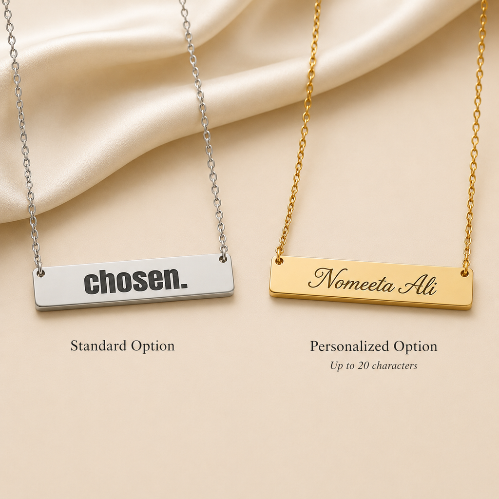 Custom engraved horizontal bar necklace in polished stainless steel