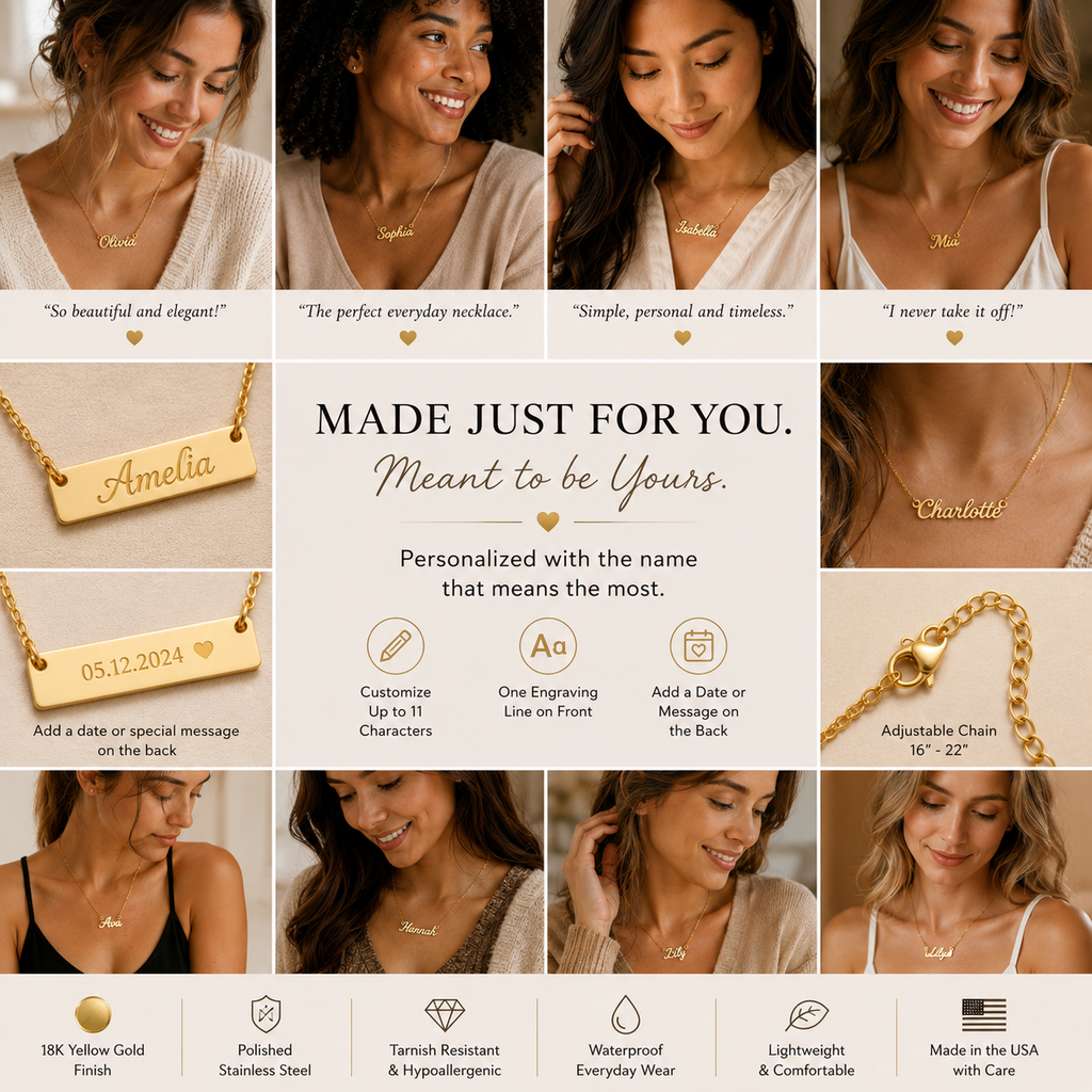Close-up view of personalized horizontal bar necklace and adjustable cable chain