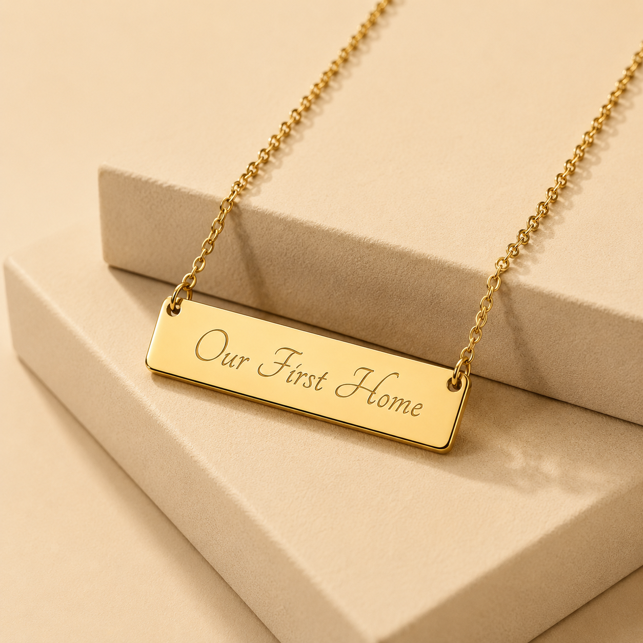 Personalized horizontal bar necklace engraved with a custom message