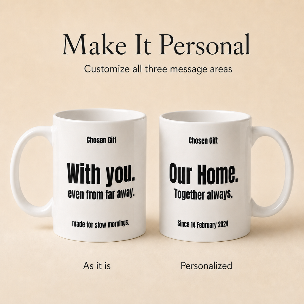 Front and back views of personalized long distance mug with custom messages