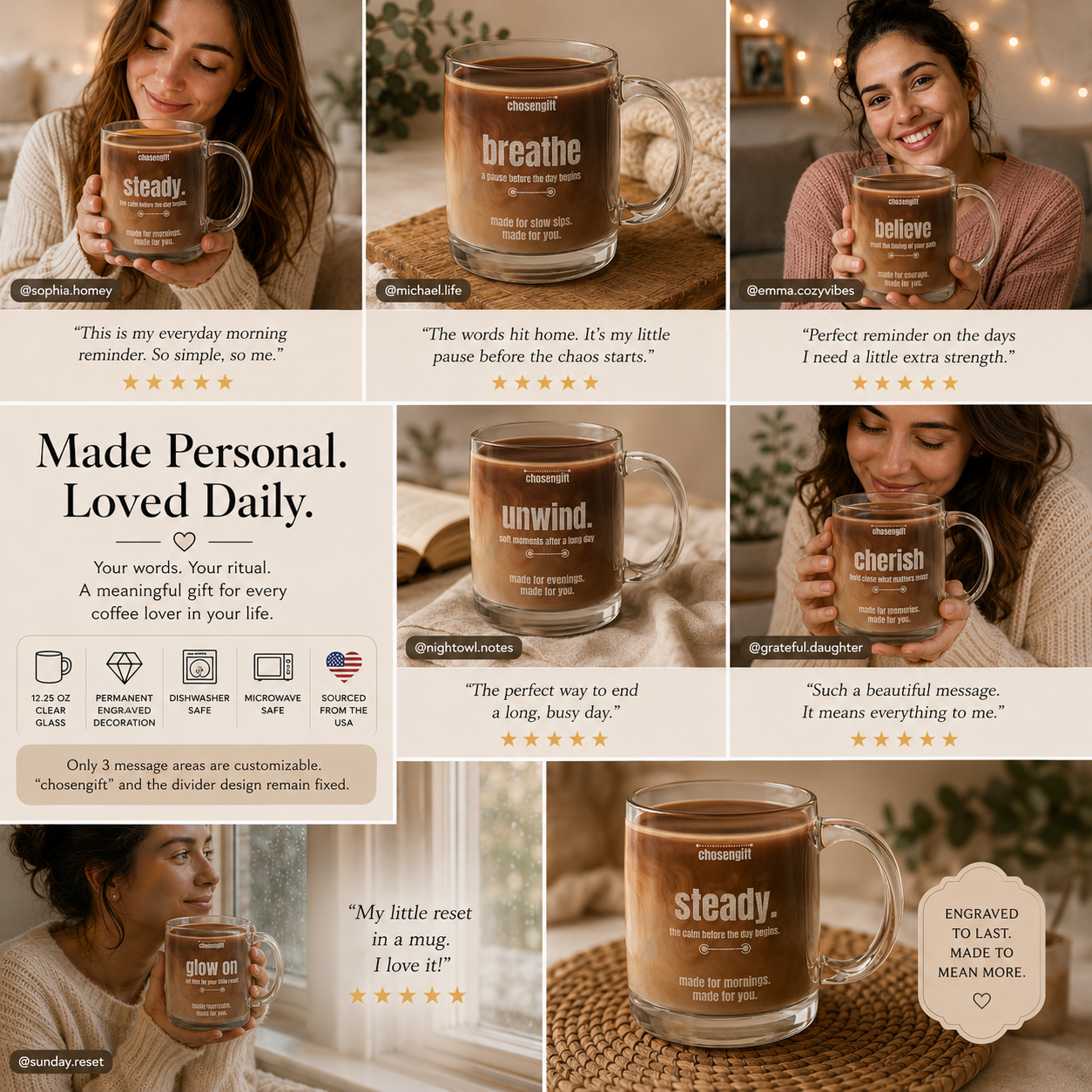 Custom engraved glass coffee mugs with personalized motivational messages