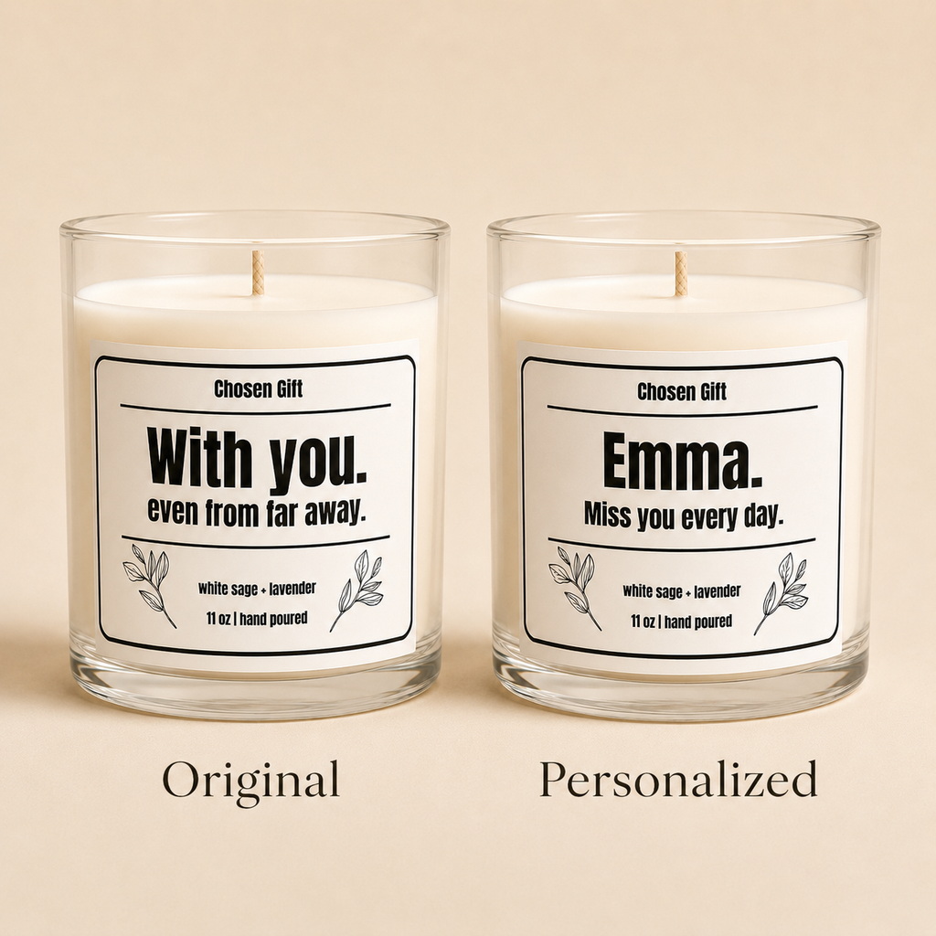 Original and personalized White Sage and Lavender candle label comparison