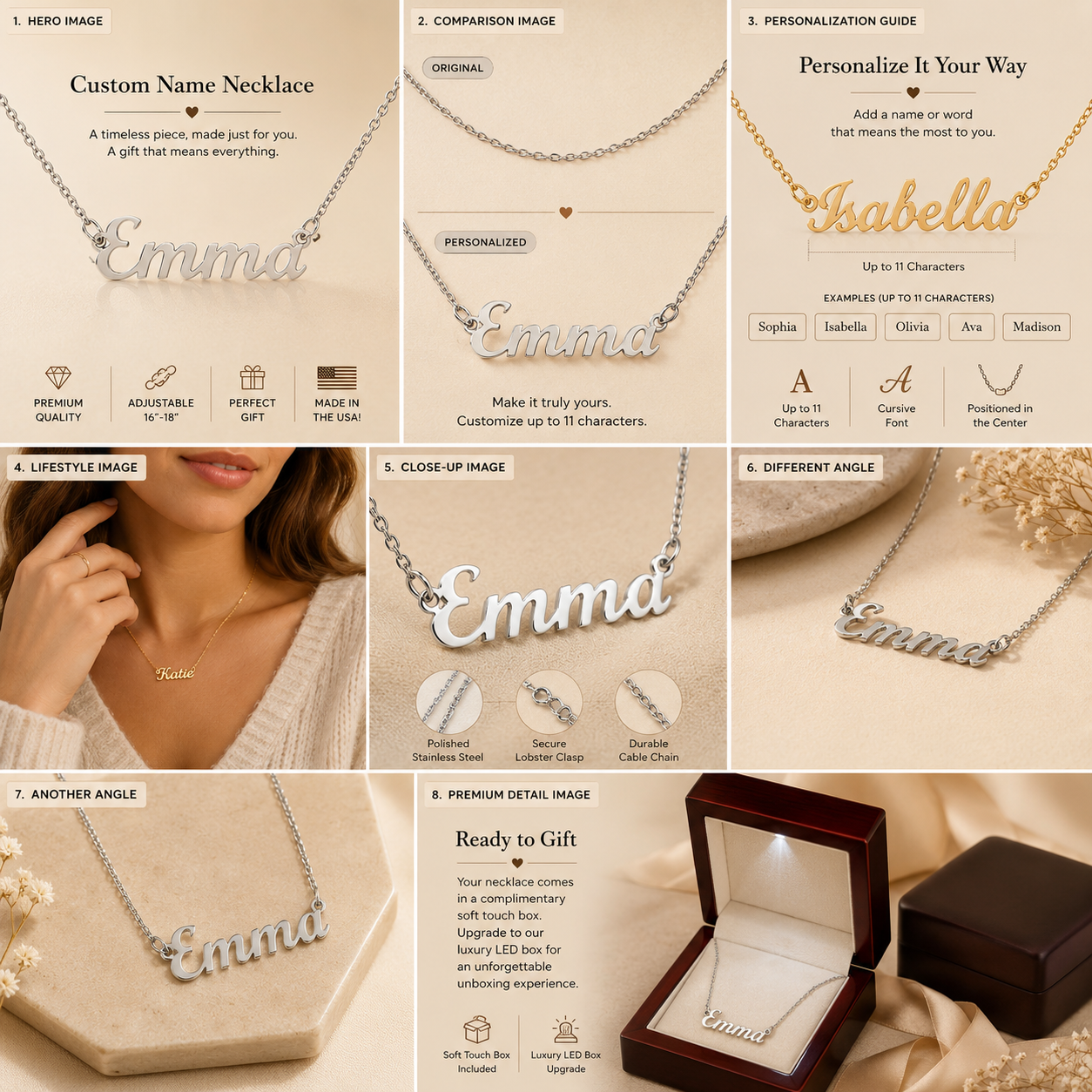 Custom name necklace gallery overview with personalization, lifestyle, detail, and packaging images