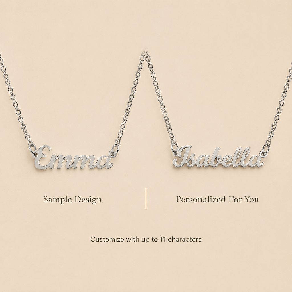 Sample and personalized cursive name necklace showing custom text up to 11 characters