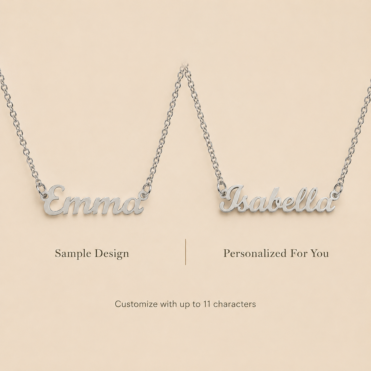 Sample and personalized cursive name necklace showing custom text up to 11 characters