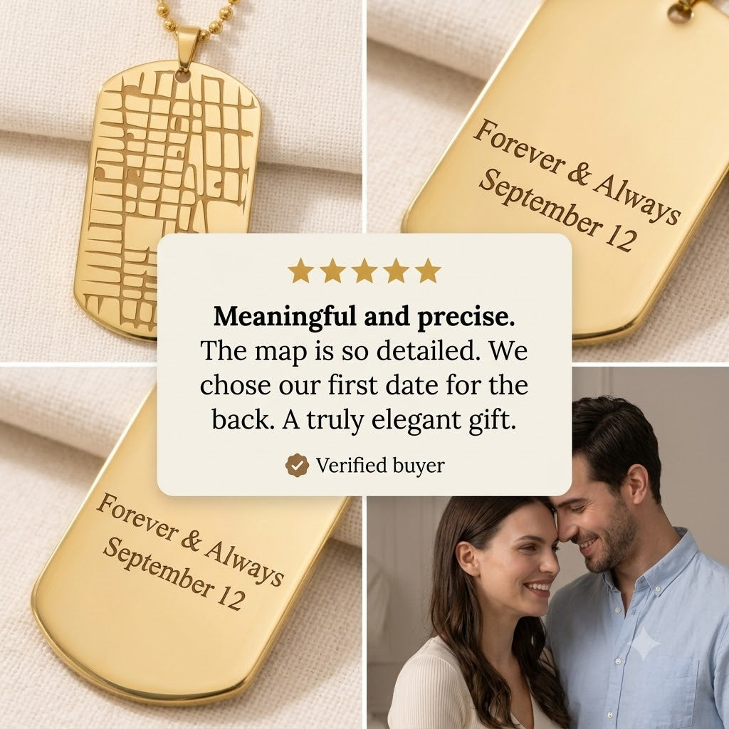 Customer photo showcasing real laser engraving quality on custom map dog tag necklace.