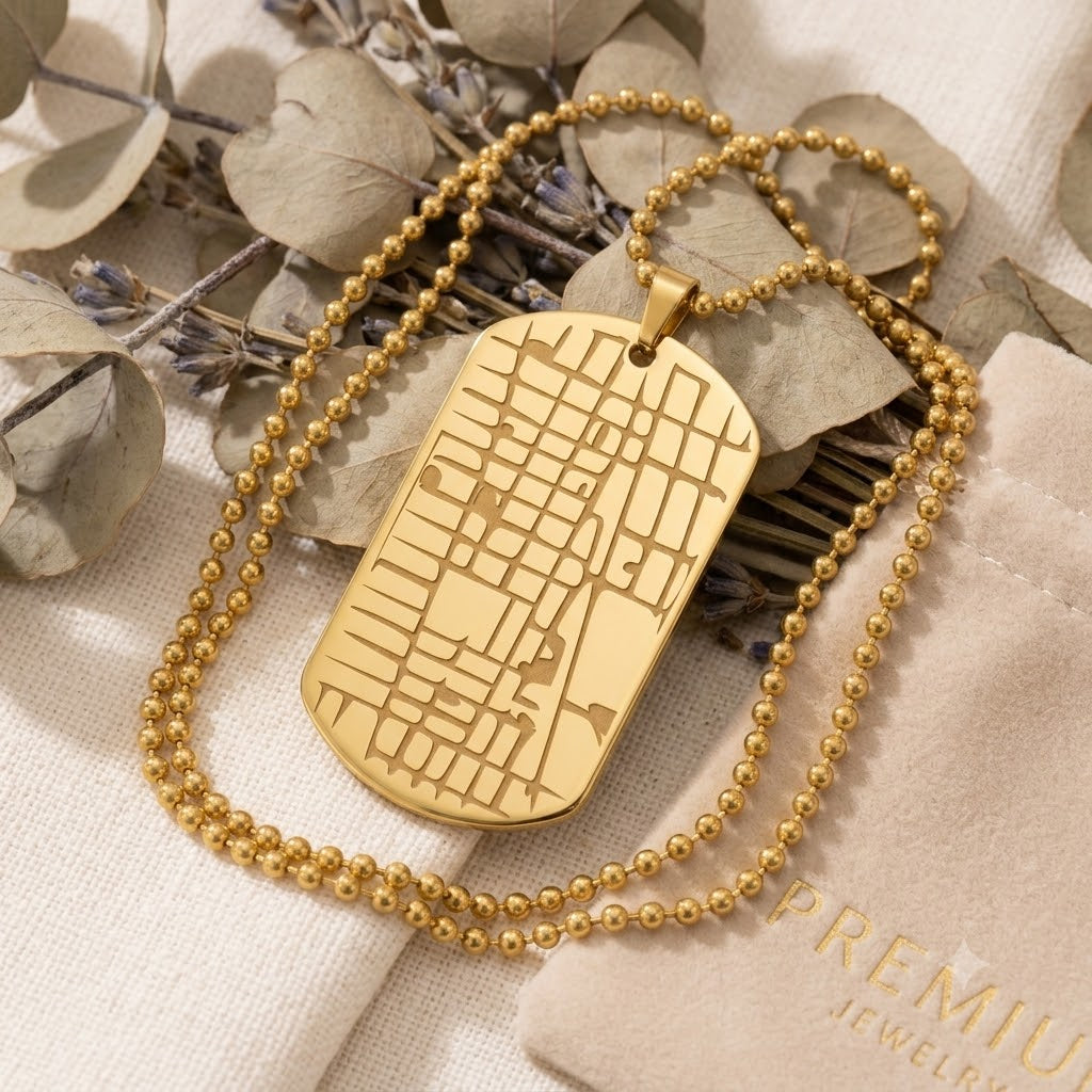 Custom location map dog tag necklace packaged inside a premium velvet gift box.