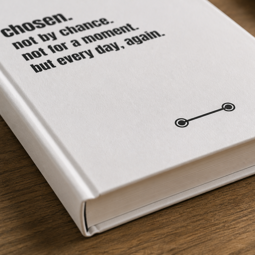 Close-up of matte white hardcover journal with bold black typography