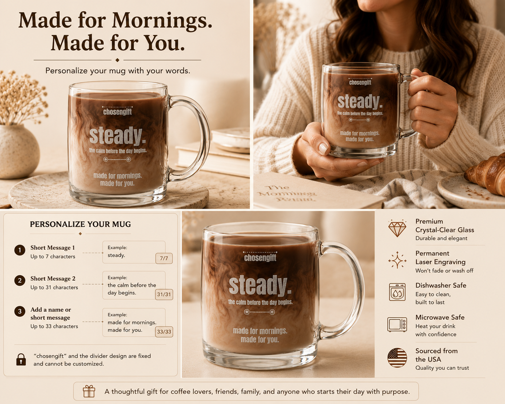Personalized 12.25 oz engraved glass mug with care and product features