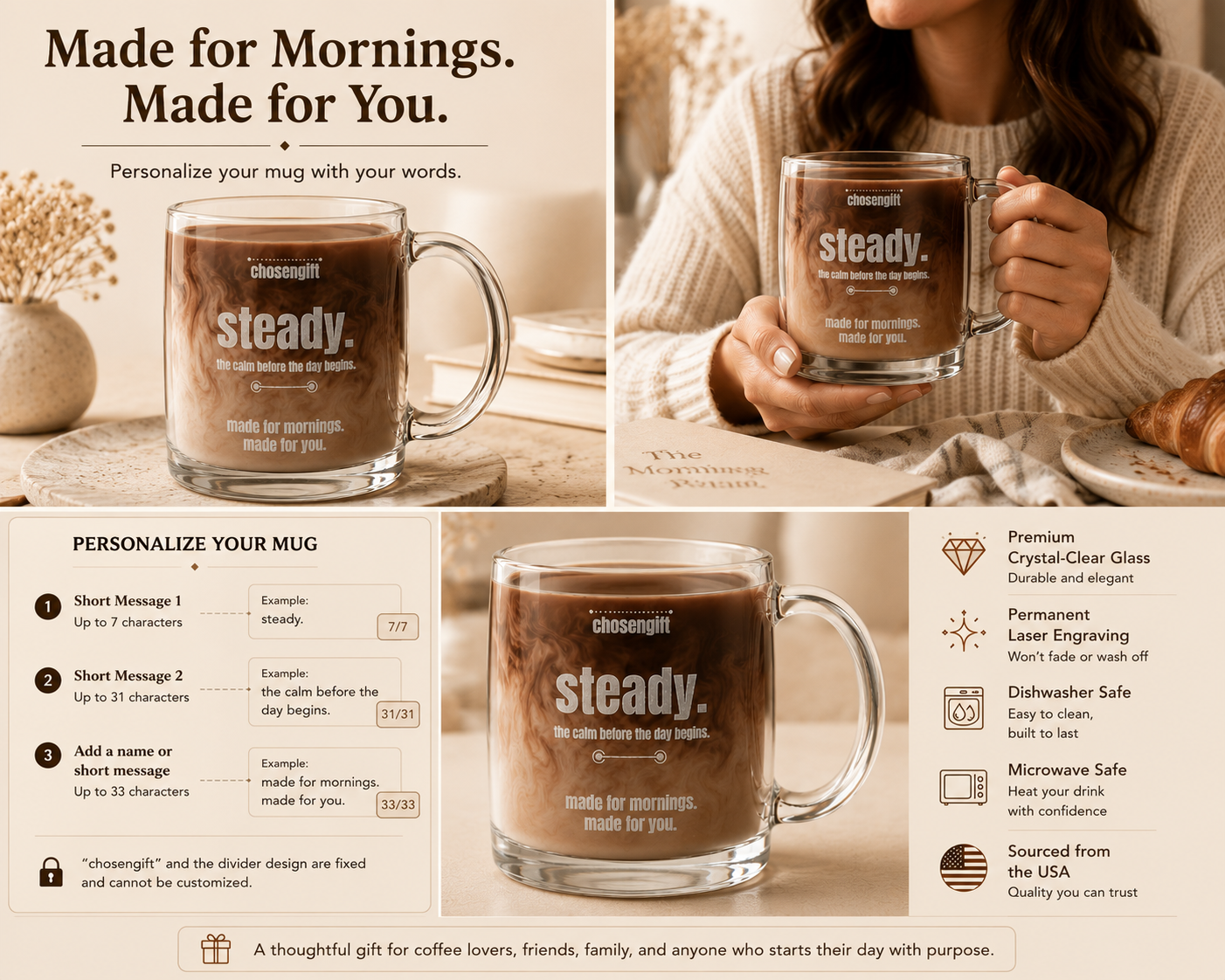 Personalized 12.25 oz engraved glass mug with care and product features