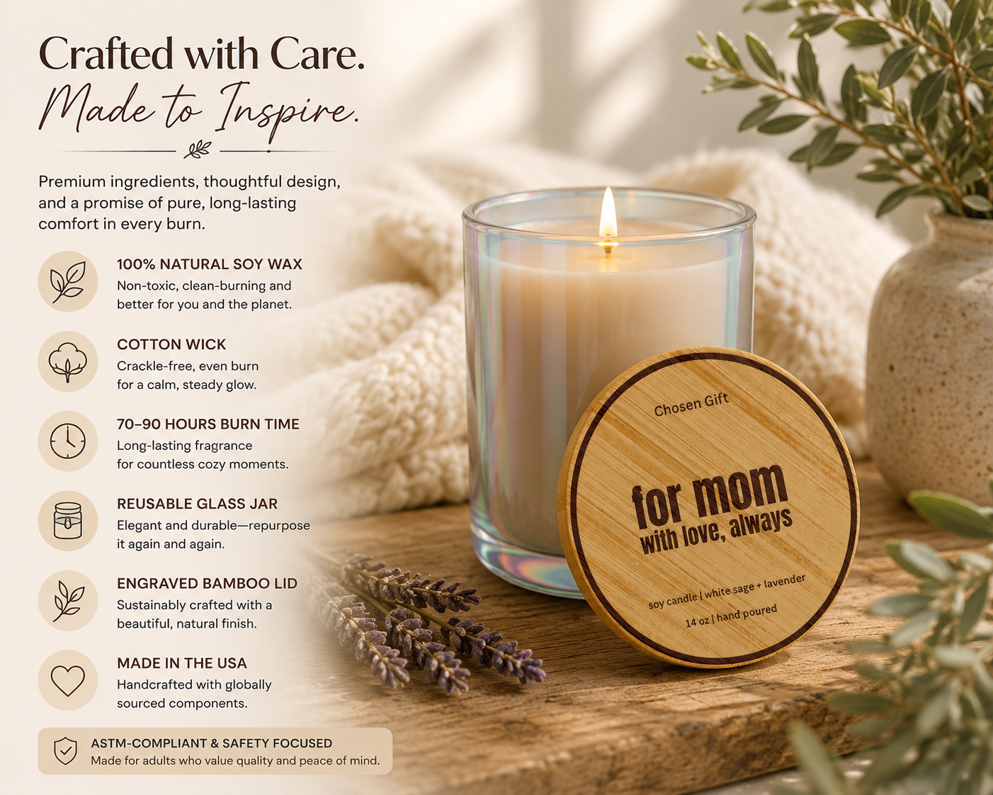 Personalized 14 oz soy candle with natural wax, cotton wick, and bamboo lid