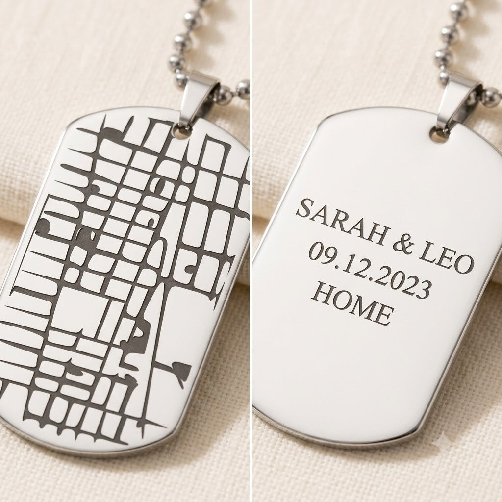 Couple holding personalized custom location map dog tag necklace gift.