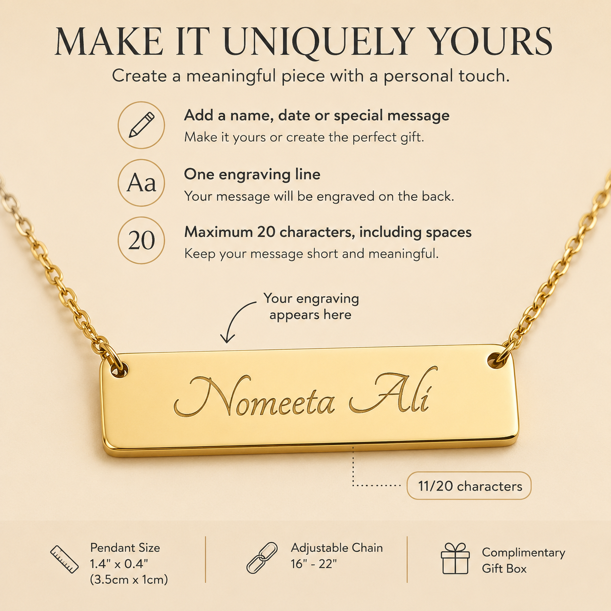 Personalized horizontal bar necklace with 18k yellow gold finish