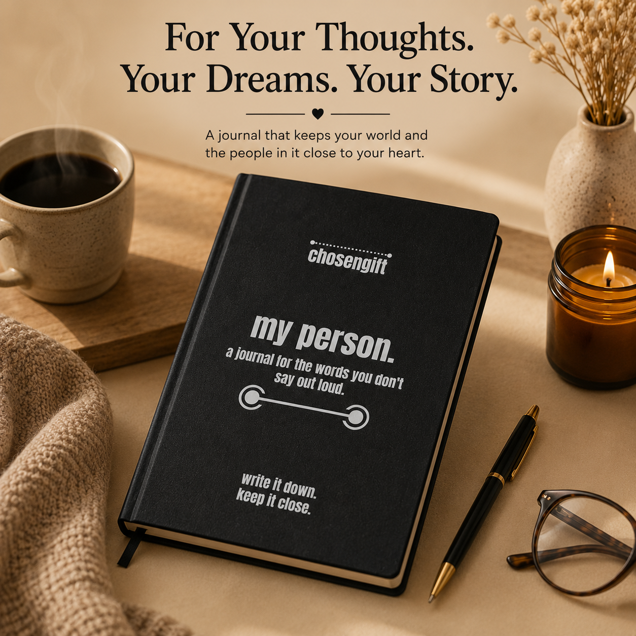 Personalized black lined journal arranged with a pen and coffee cup