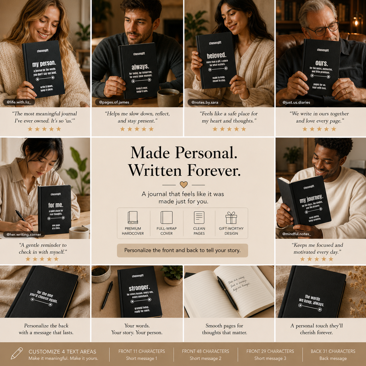 Personalized black vegan leather journal presented as a meaningful gift