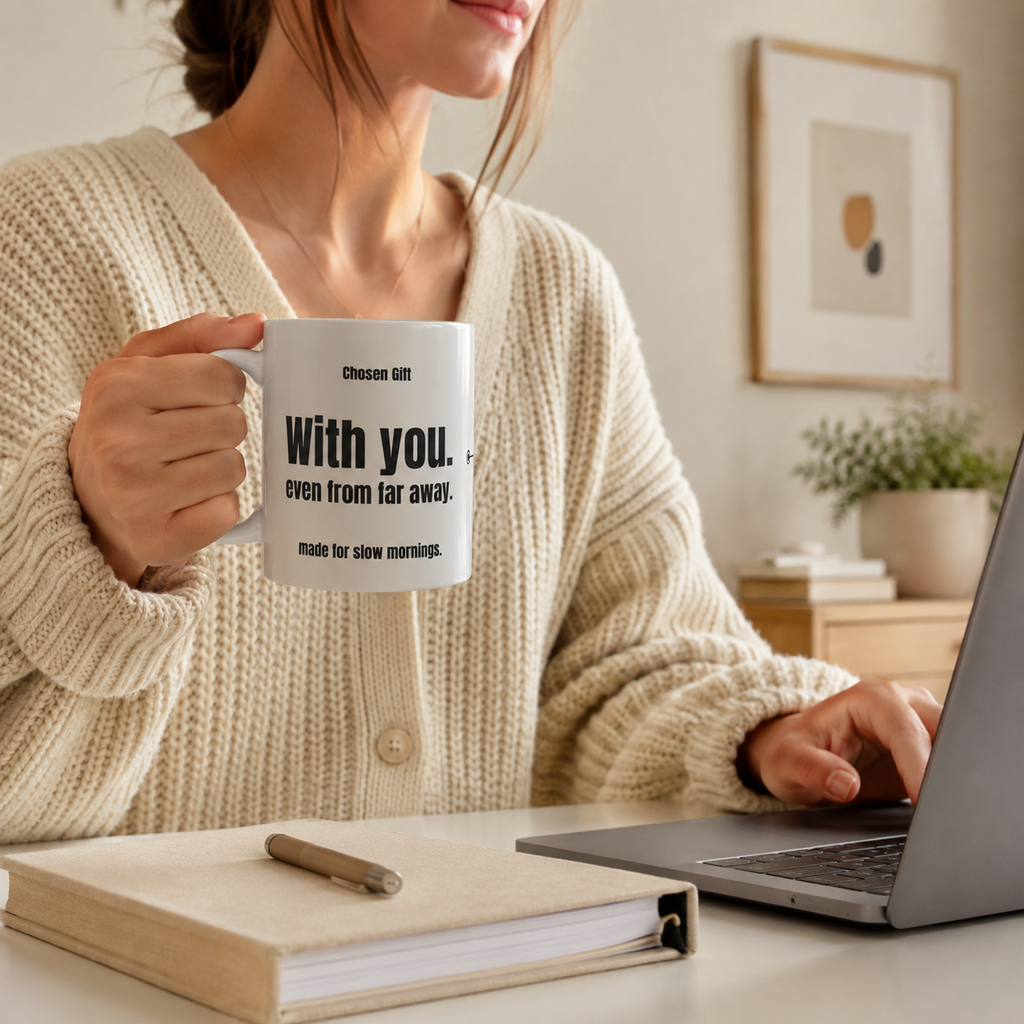 Personalized 11 oz coffee mug beside a laptop in a home office