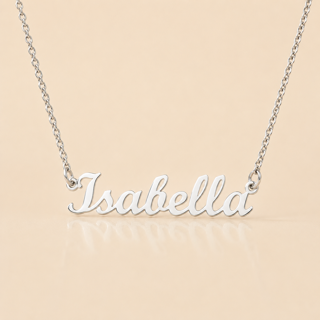 Polished stainless steel personalized cursive name necklace with Isabella pendant
