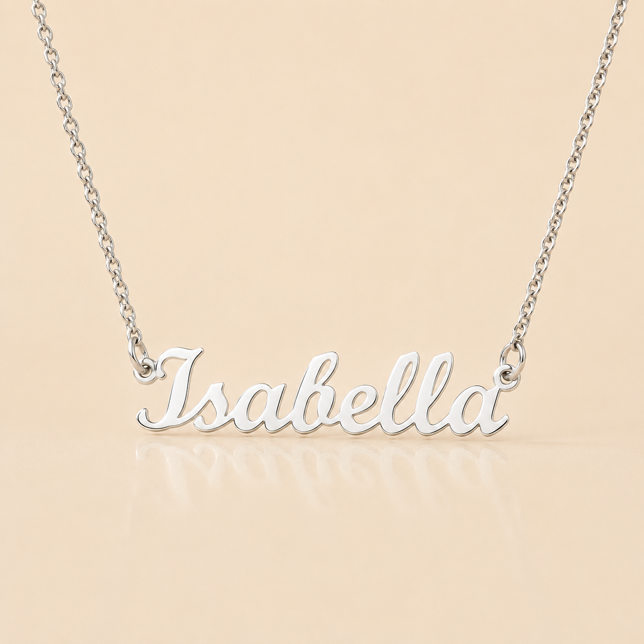 Polished stainless steel personalized cursive name necklace with Isabella pendant
