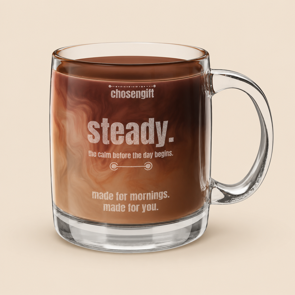 Personalized engraved glass coffee mug with steady morning message