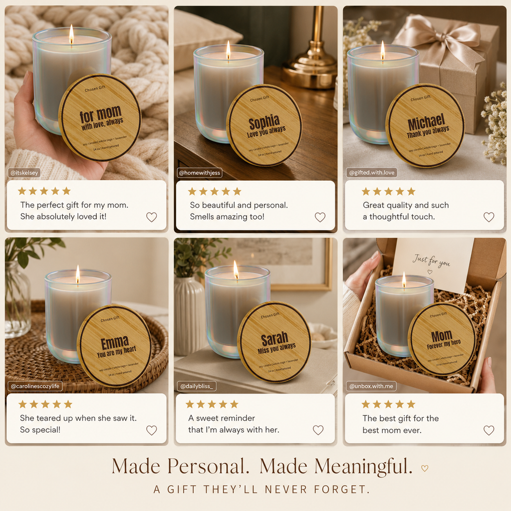 Personalized soy candle examples with engraved names and short messages