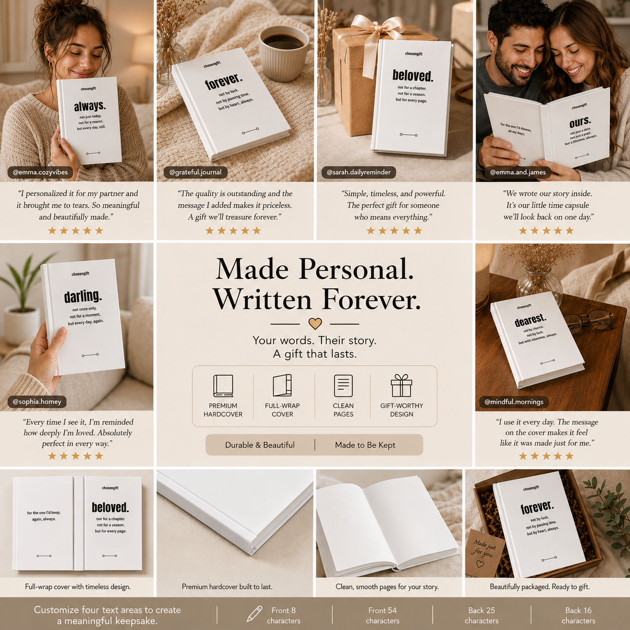 Personalized inspirational hardcover journal gift examples with custom messages