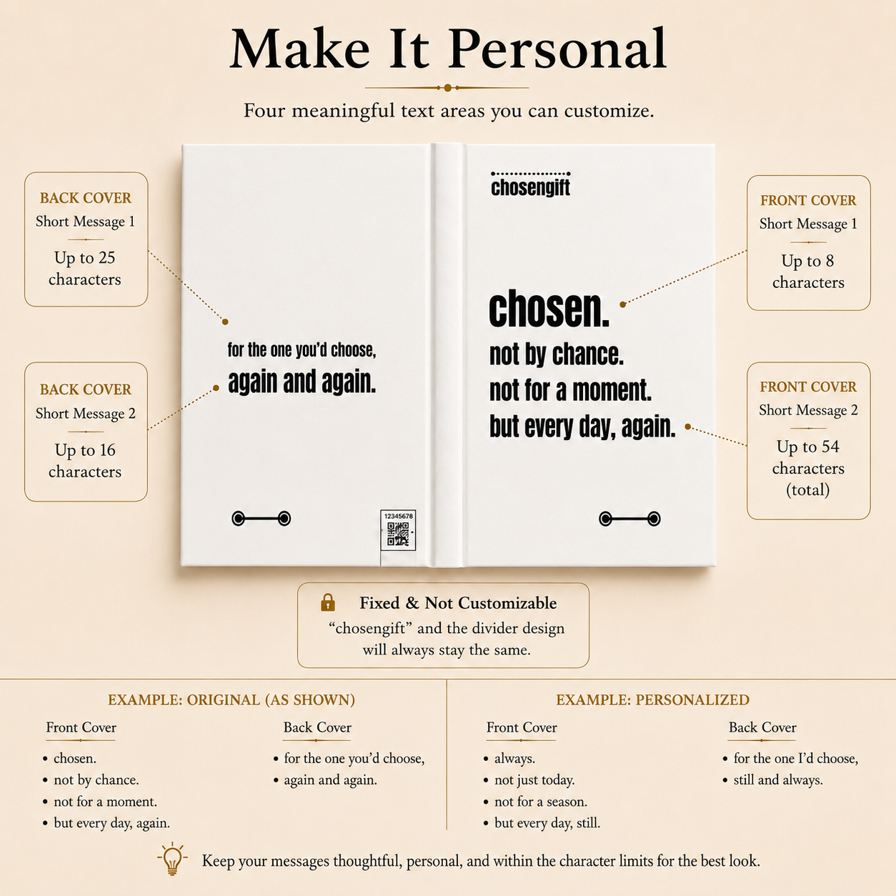 Personalized hardcover journal showing four customizable cover text areas