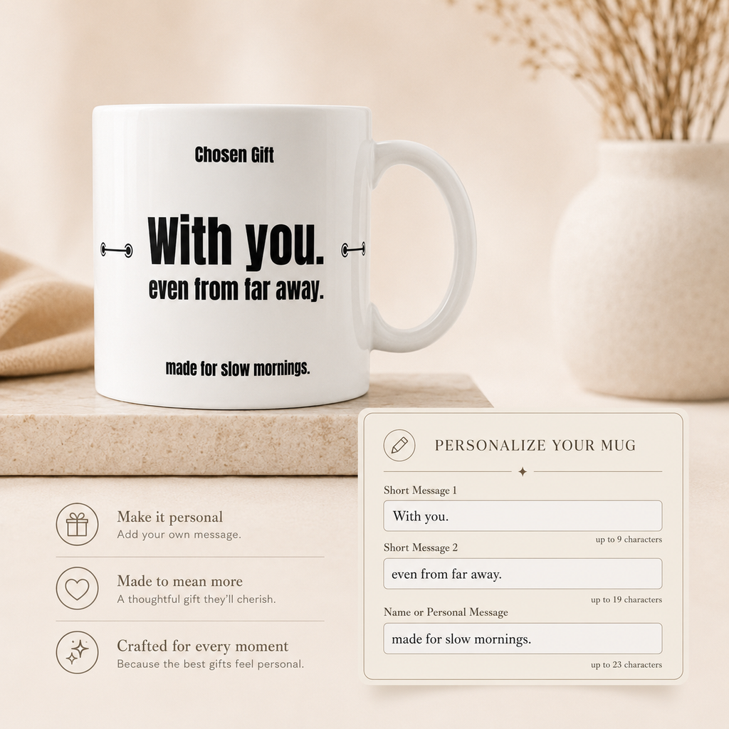 Personalized ceramic mug showing three custom text areas and character limits