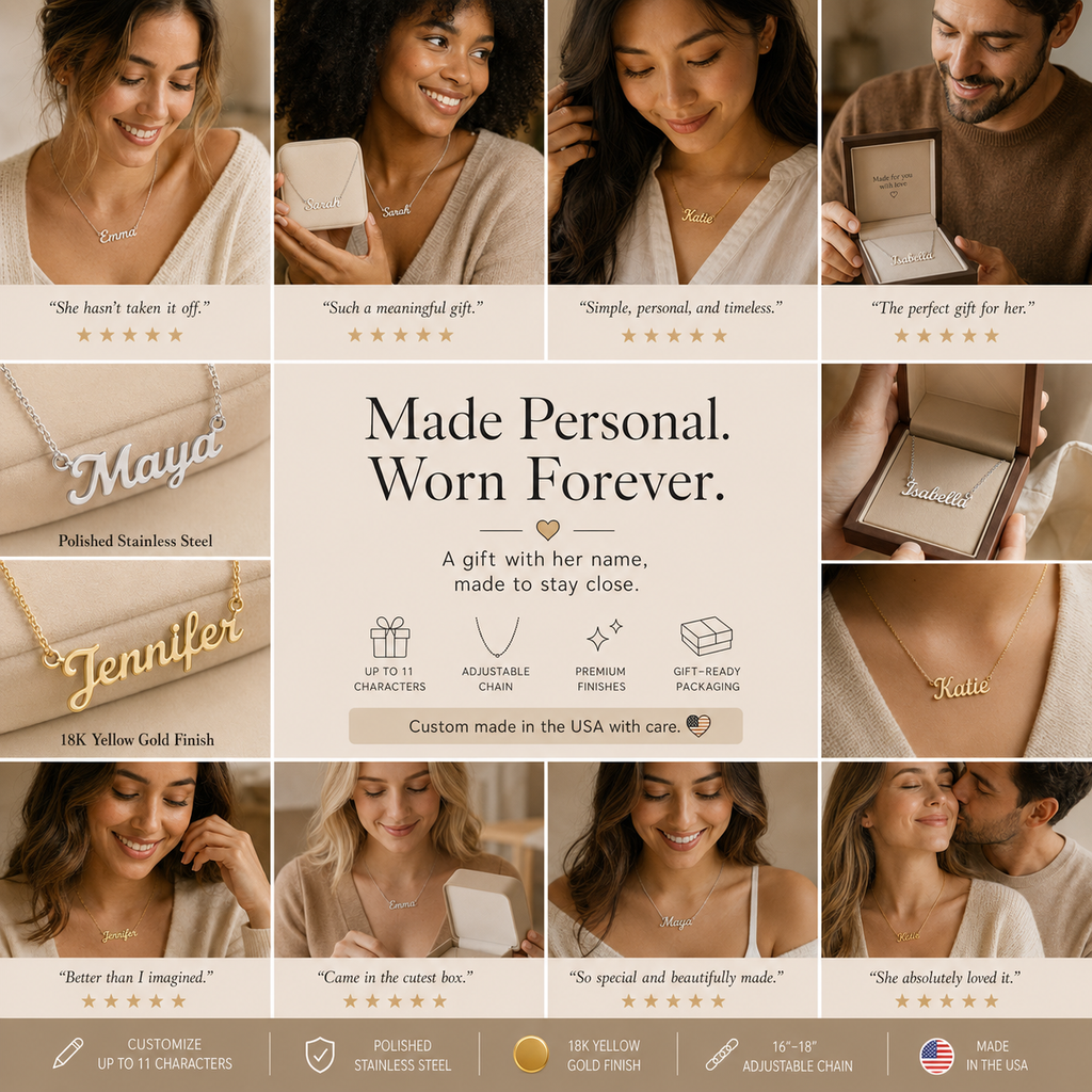 Personalized name necklace gift examples in stainless steel and yellow gold finishes