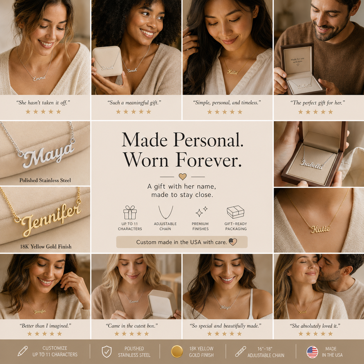 Personalized name necklace gift examples in stainless steel and yellow gold finishes