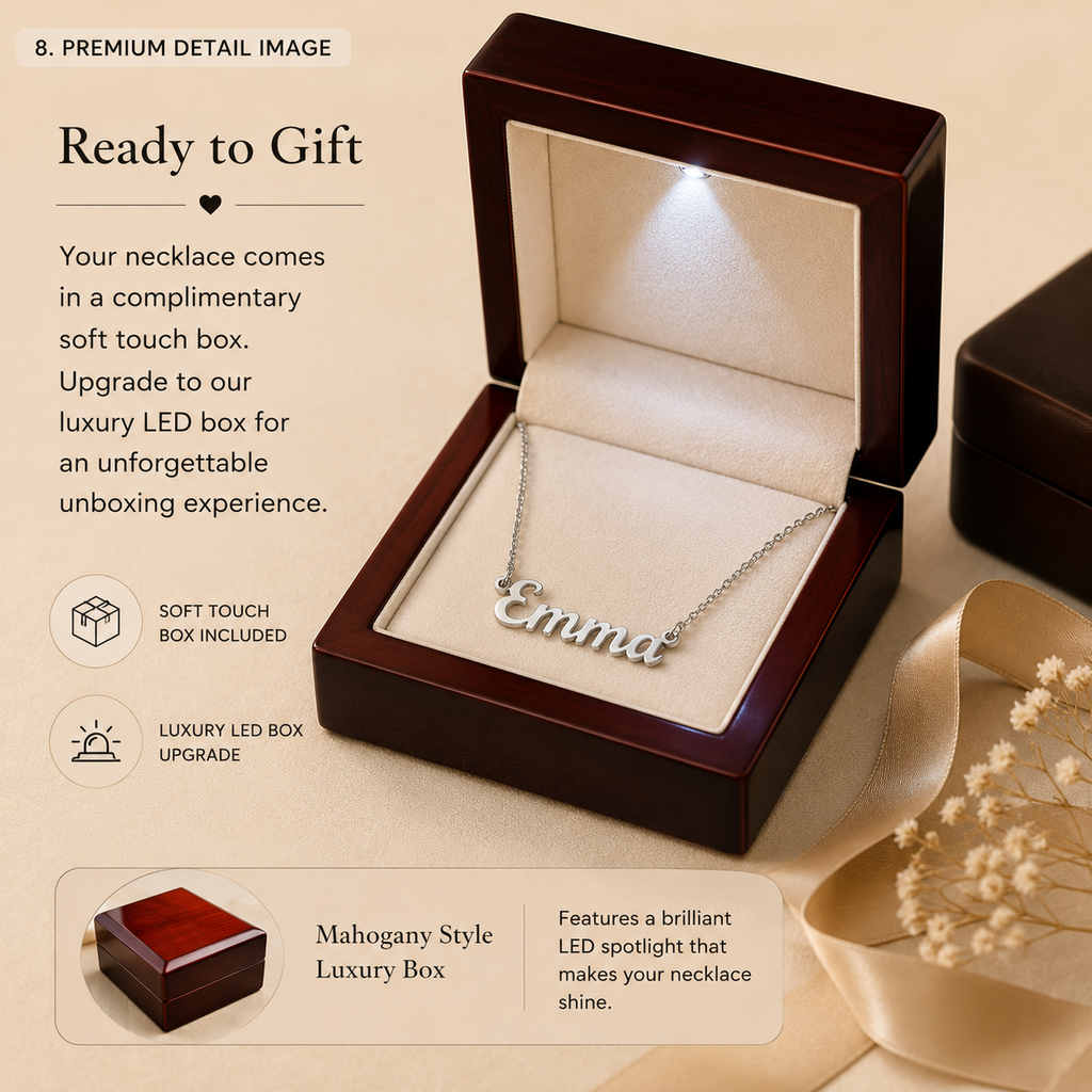 Personalized name necklace presented in a mahogany-style luxury LED gift box
