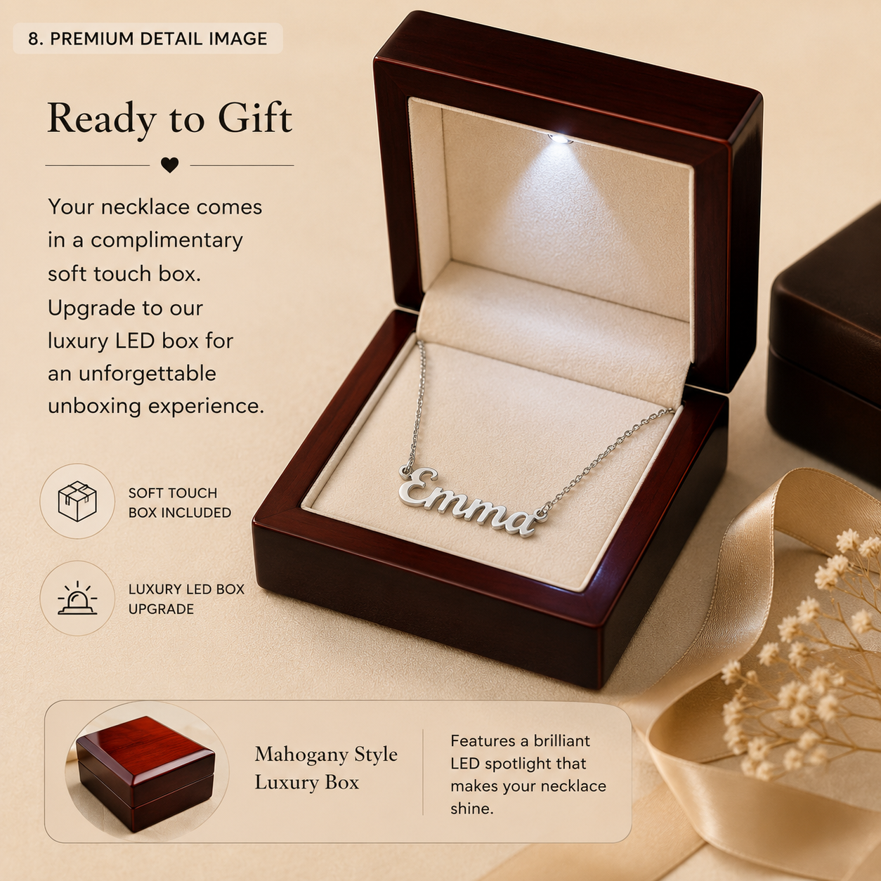 Personalized name necklace presented in a mahogany-style luxury LED gift box