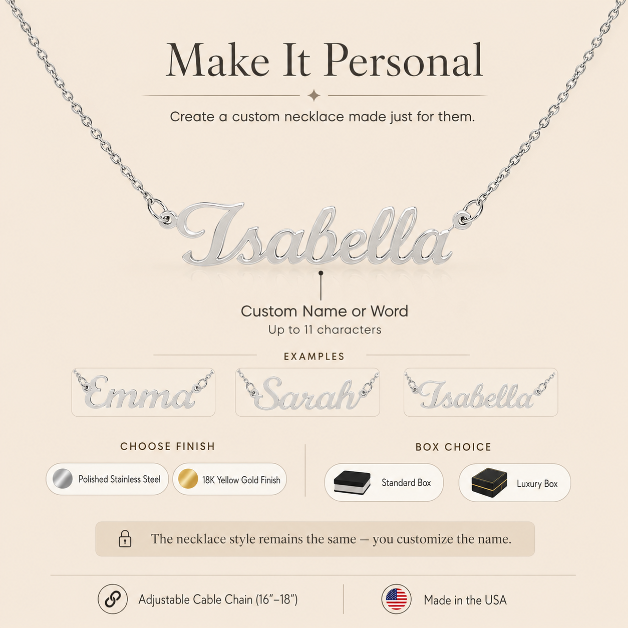 Personalized name necklace guide with finish, chain, and gift box options