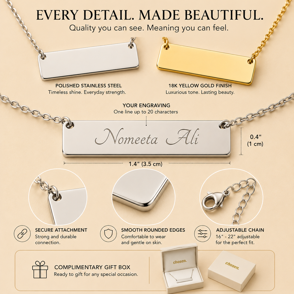Personalized horizontal bar necklace presented in a complimentary gift box