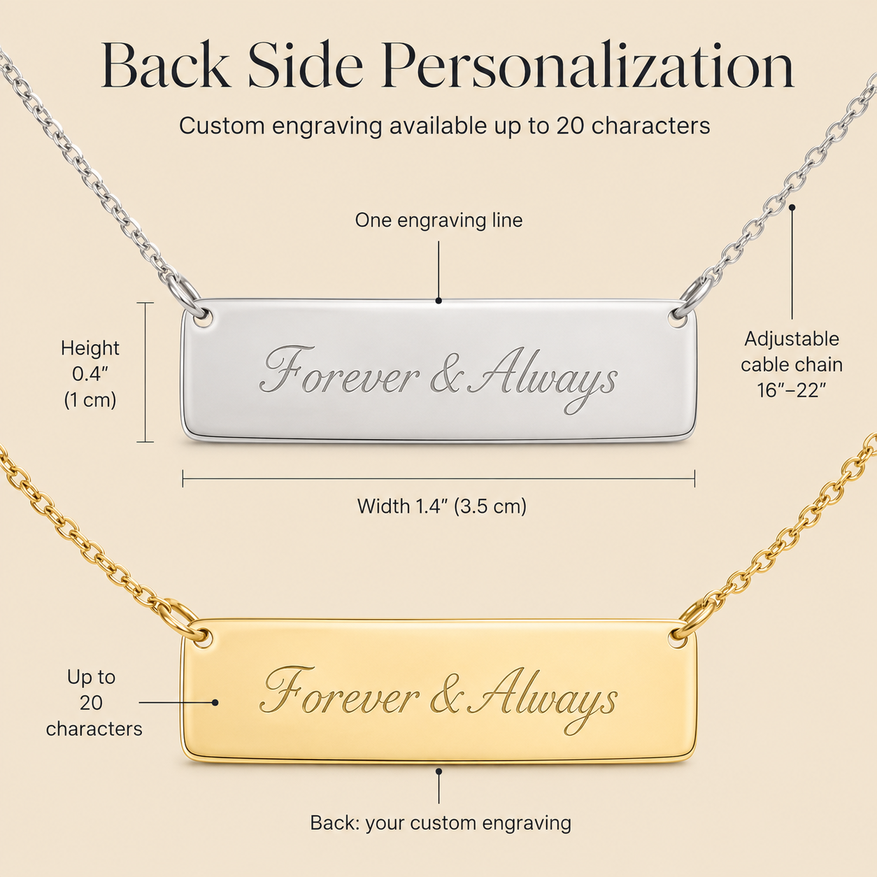 Lobster clasp attachment on personalized horizontal bar necklace