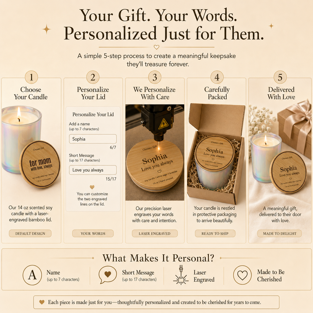 Personalized soy candle process showing custom bamboo lid laser engraving