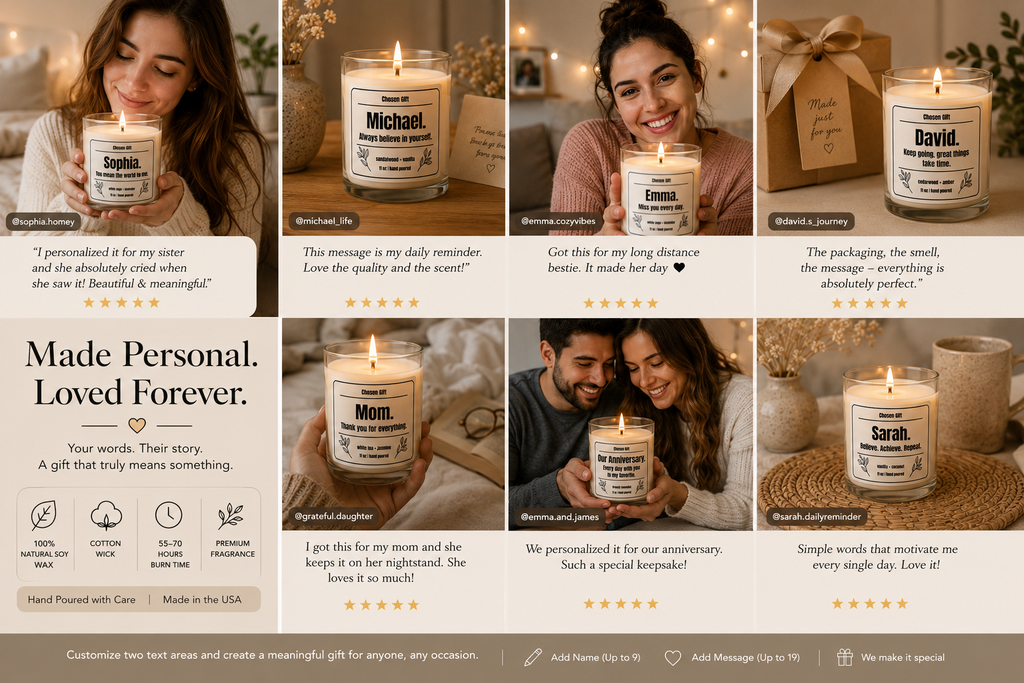 Personalized soy candle gift examples with custom names and meaningful messages