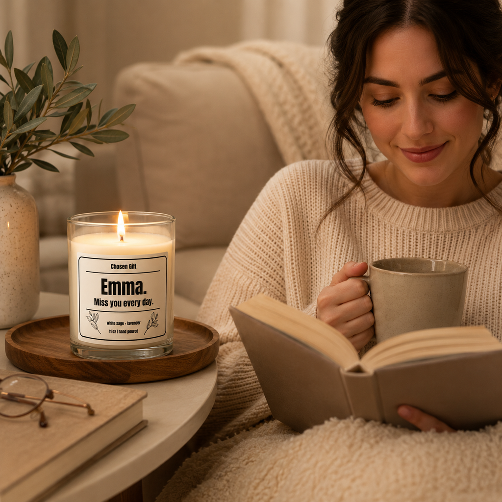 Woman reading beside a personalized White Sage and Lavender candle