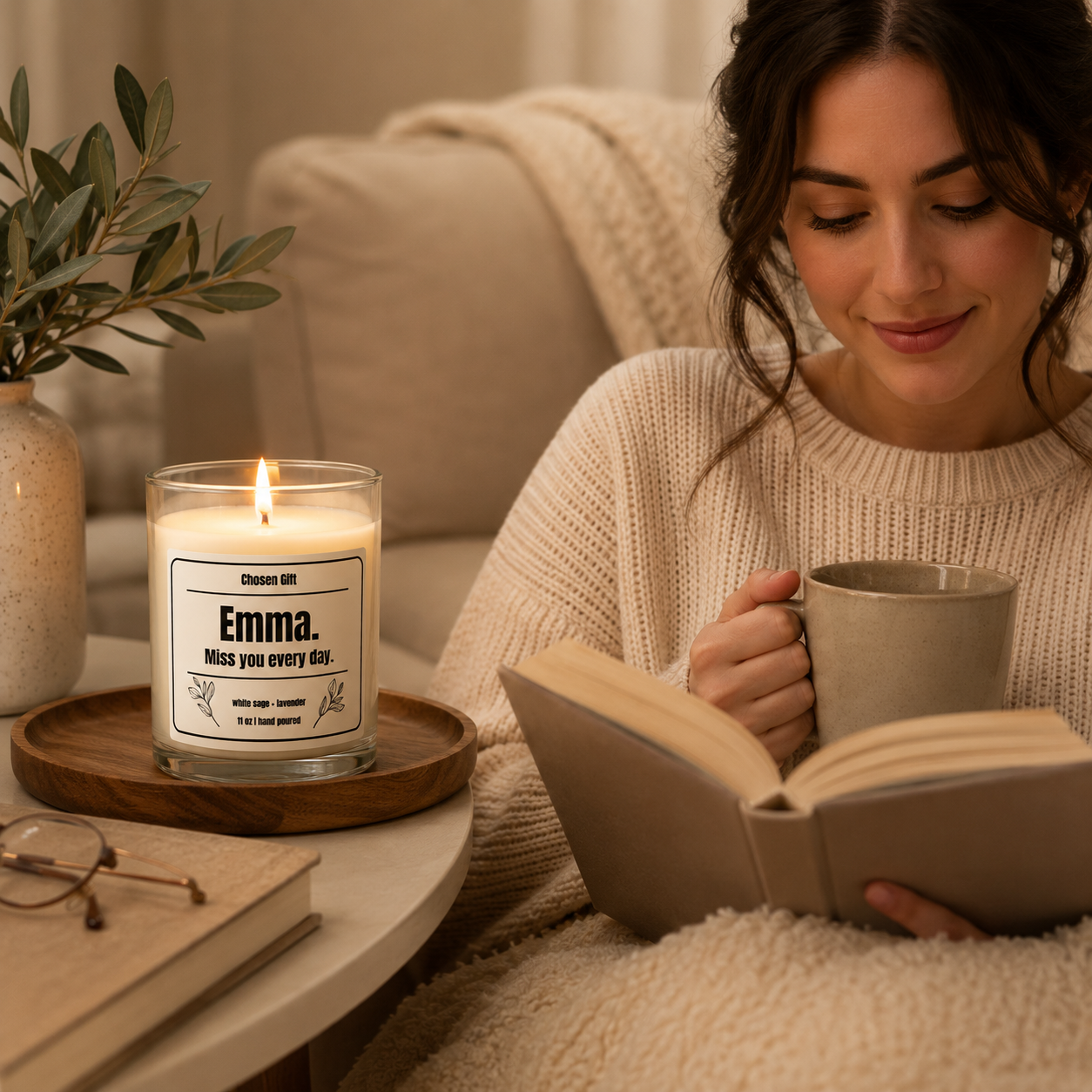 Woman reading beside a personalized White Sage and Lavender candle
