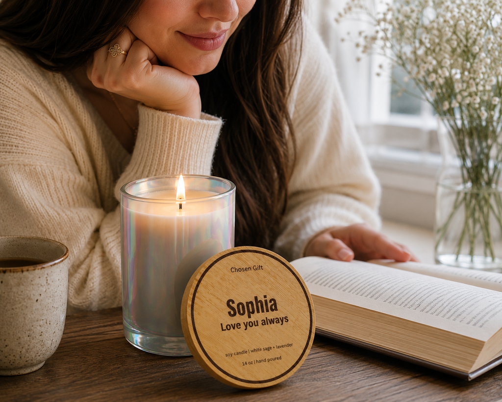 Woman reading beside a personalized White Sage and Lavender soy candle