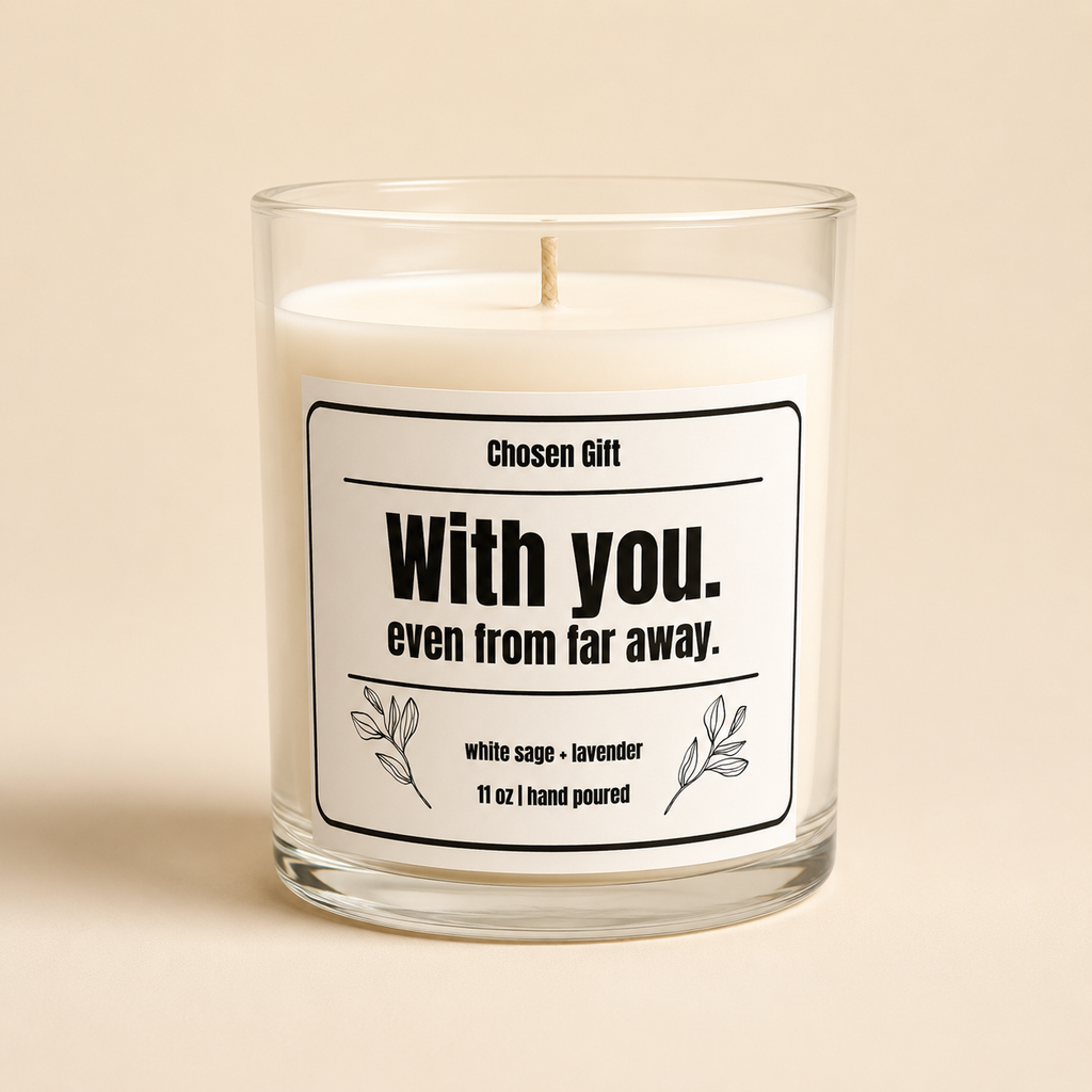 Personalized 11 oz White Sage and Lavender soy candle in a clear glass vessel